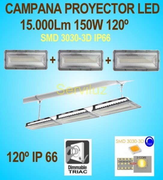 Campana LED Industrial Foco Proyector Lineal 150W 15000Lm IP66 120º